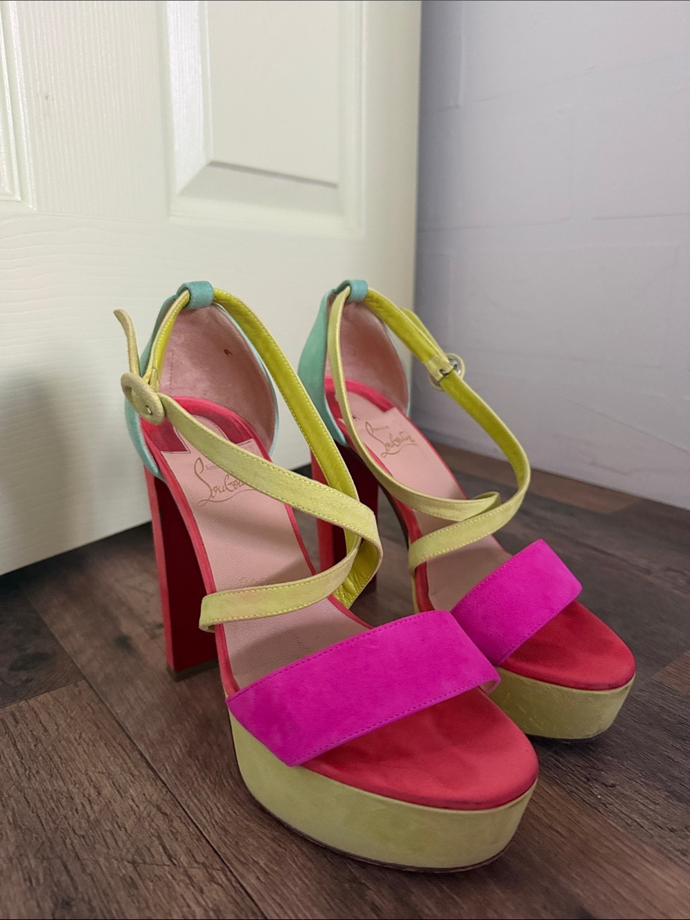 Christian Louboutin Multicolor Suede Platform Sandals - Hot Pink, Lime & Mint